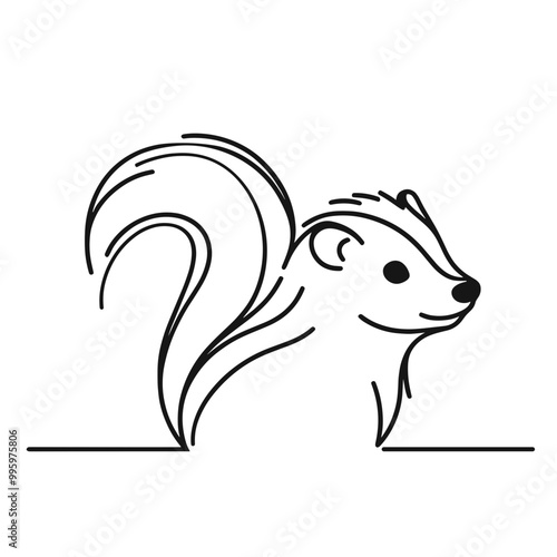 A black and white drawing of a squirrel. The squirrel is sitting on a white background. The drawing is simple and clean, with the focus on the squirrel's features and posture