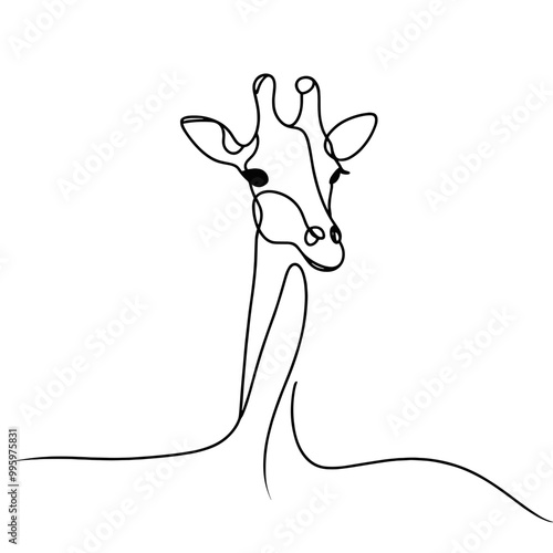 A giraffe is drawn in a black and white line drawing. The giraffe has a long neck and is looking straight ahead. The image has a simple and elegant feel to it, with the focus on the giraffe's form