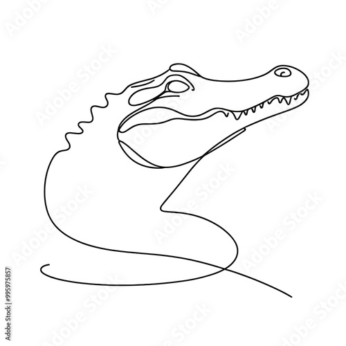 A crocodile is shown in a black and white drawing. The drawing is a simple line drawing of the crocodile's head and neck. The crocodile's mouth is open, and its eyes are staring forward