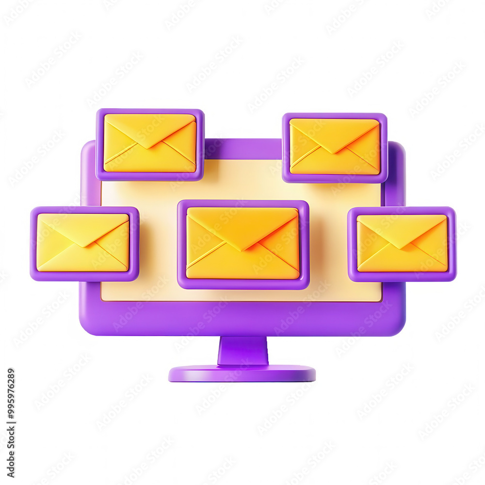 A visual representation of a computer screen displaying mail notifications. The design features colorful envelopes surrounding the screen. A visual representation of a computer screen displaying mail notifications. The design features colorful envelopes surrounding the screen.