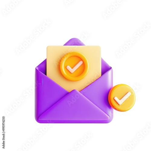 A colorful 3D mail icon featuring purple envelope and yellow checkmarks, symbolizing message approval and successful communication. photo