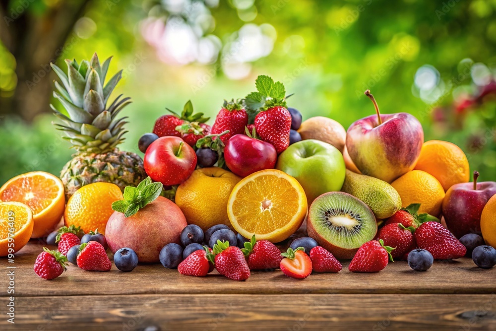 Fresh, ripe fruit arranges itself artfully on a wooden table, bathed in warm natural light, its colors popping against the simple, rustic backdrop. Fresh, ripe fruit arranges itself artfully on a wooden table, bathed in warm natural light, its colors popping against the simple, rustic backdrop.