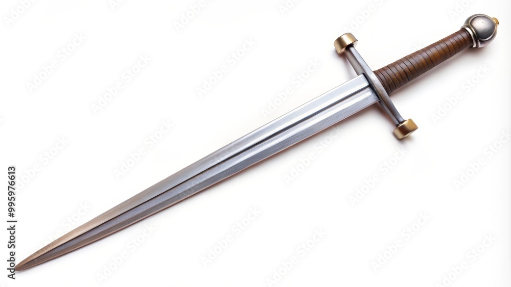 Sharp medieval sword is laying on a white background Sharp medieval sword is laying on a white background