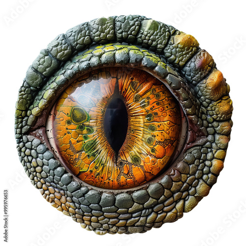 Fototapeta Naklejka Na Ścianę i Meble -  Dinosaur eye staring from lush prehistoric jungle vegetation