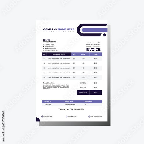 Business invoice form template. Minimal Invoice Layout. Modern And Simple Invoice.