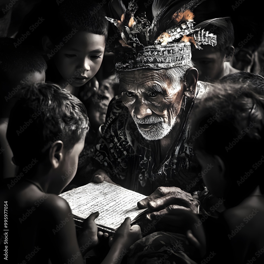 41. A tribal elder sharing wisdom, surrounded by young listeners, eyes ...