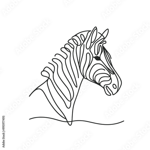 A zebra is shown in a black and white drawing. The zebra has a long neck and a long mane