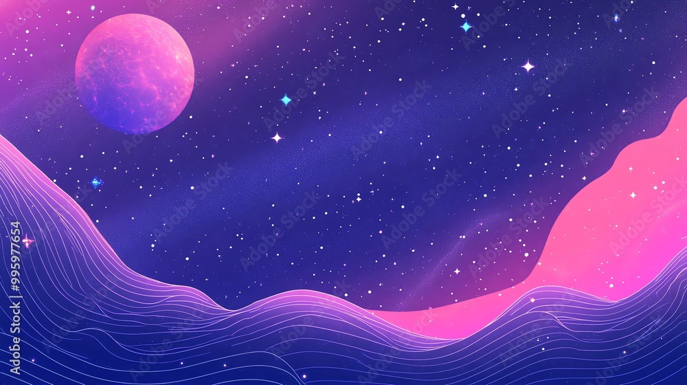 A digital illustration of a starry night sky, with a large pink planet in the top left corner and a pink and blue abstract landscape in the bottom. A digital illustration of a starry night sky, with a large pink planet in the top left corner and a pink and blue abstract landscape in the bottom.