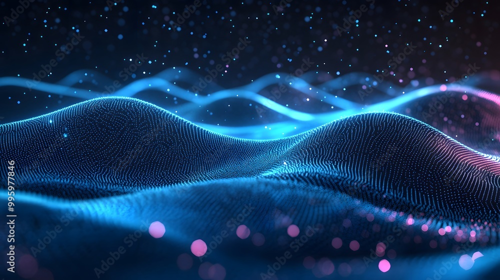Creative motion waving dots texture with glowing defocused particles. Technology digital wave background concept. Cyber or technology background. Creative motion waving dots texture with glowing defocused particles. Technology digital wave background concept. Cyber or technology background.