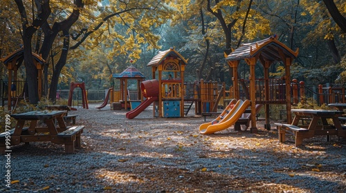 Wallpaper Mural A vibrant playground surrounded by colorful autumn foliage, inviting children to play under golden sunlight. Generative AI Torontodigital.ca