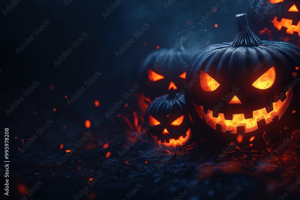 halloween themed banner with illuminated jack-o-lanterns against a dark backdrop, featuring space for text halloween themed banner with illuminated jack-o-lanterns against a dark backdrop, featuring space for text
