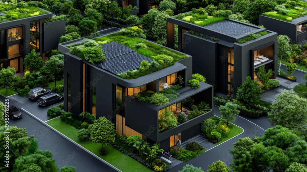 Sustainable Living: A futuristic vision of modern, eco-conscious architecture featuring sleek black homes with lush green roofs, seamlessly blending urban living with nature. Sustainable Living: A futuristic vision of modern, eco-conscious architecture featuring sleek black homes with lush green roofs, seamlessly blending urban living with nature.