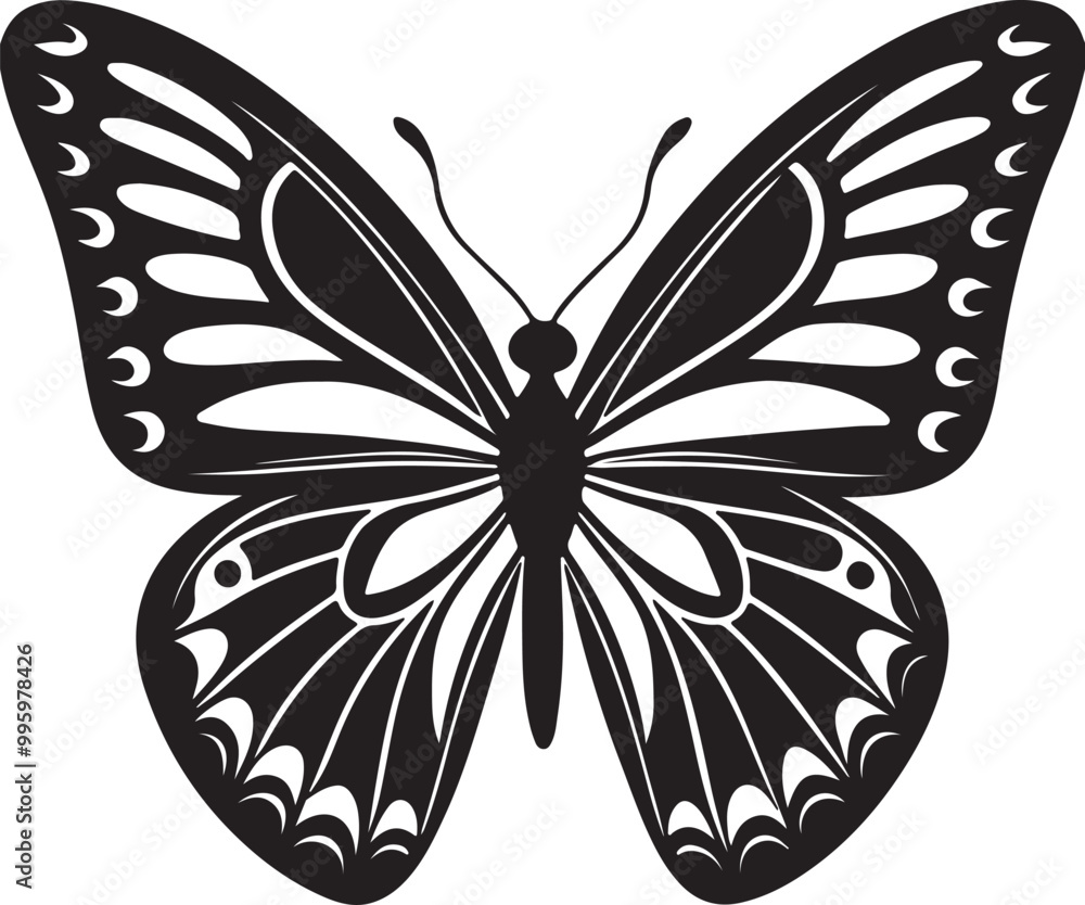 Vector art silhouette of a butterfly in black and white, set against a stark white background for contrast Vector art silhouette of a butterfly in black and white, set against a stark white background for contrast