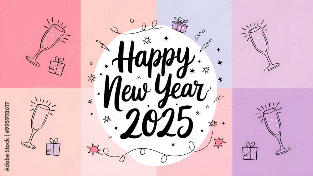 Joyful and Festive Happy New Year 2025 Celebration with Champagne, Lights, and Party Decorations. Joyful and Festive Happy New Year 2025 Celebration with Champagne, Lights, and Party Decorations.