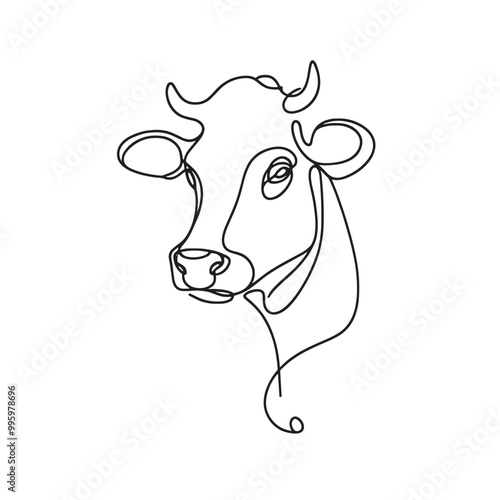 A cow with horns is drawn in a single line. The cow has a very simple and clean appearance, with no shading or details. Concept of minimalism and simplicity, with the focus on the basic shape