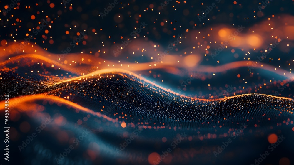 Fototapeta premium Creative motion waving dots texture with glowing defocused particles. Technology digital wave background concept. Cyber or technology background. 