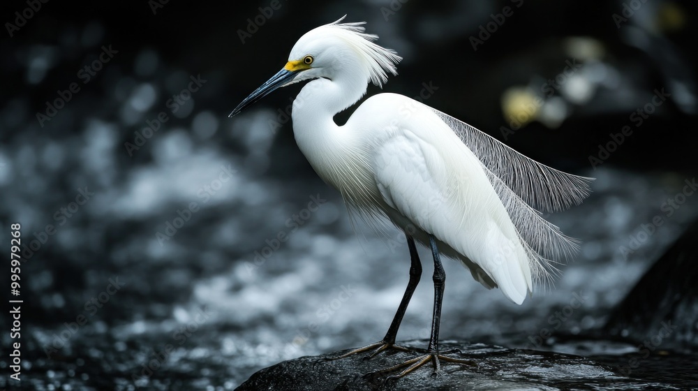 Snowy Egret Standing on a Rock Near a Stream Snowy Egret Standing on a Rock Near a Stream