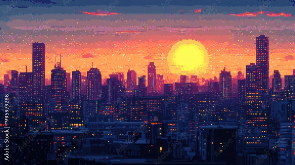 Fototapeta premium Pixelated Cityscape with Sunset and Brightly Lit Windows