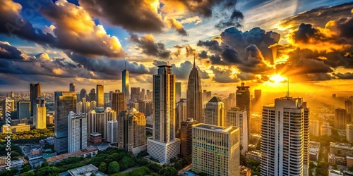 Golden hues danced across the city, sculpting long shadows across concrete streets, as skyscrapers stood tall amidst a canvas of dramatic clouds at sunset's warm brushstroke.