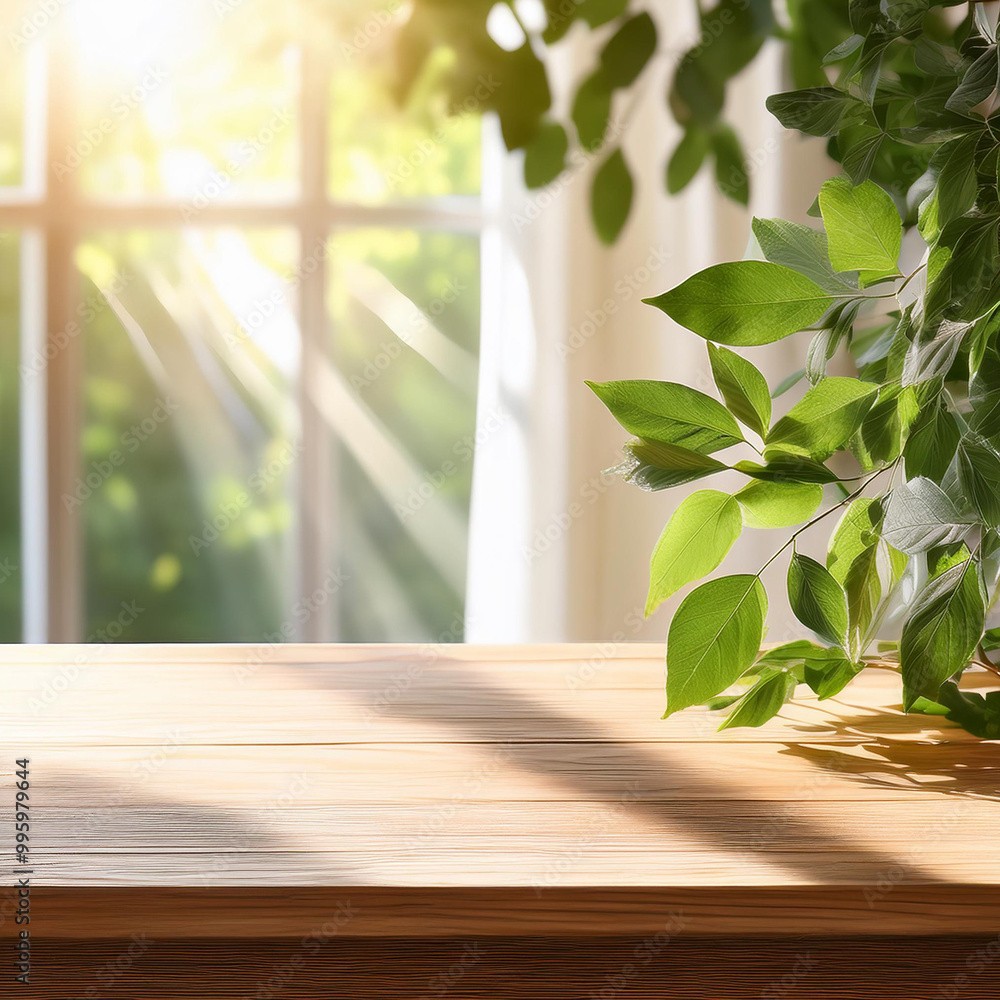 Home backdrop presentation on wooden surface for a clean and modern boho farm house look with window and plants. Background for product display.