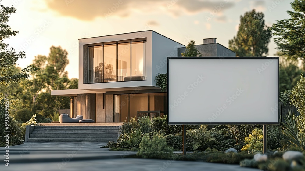 Modern House with Blank Sign in Front Yard Modern House with Blank Sign in Front Yard