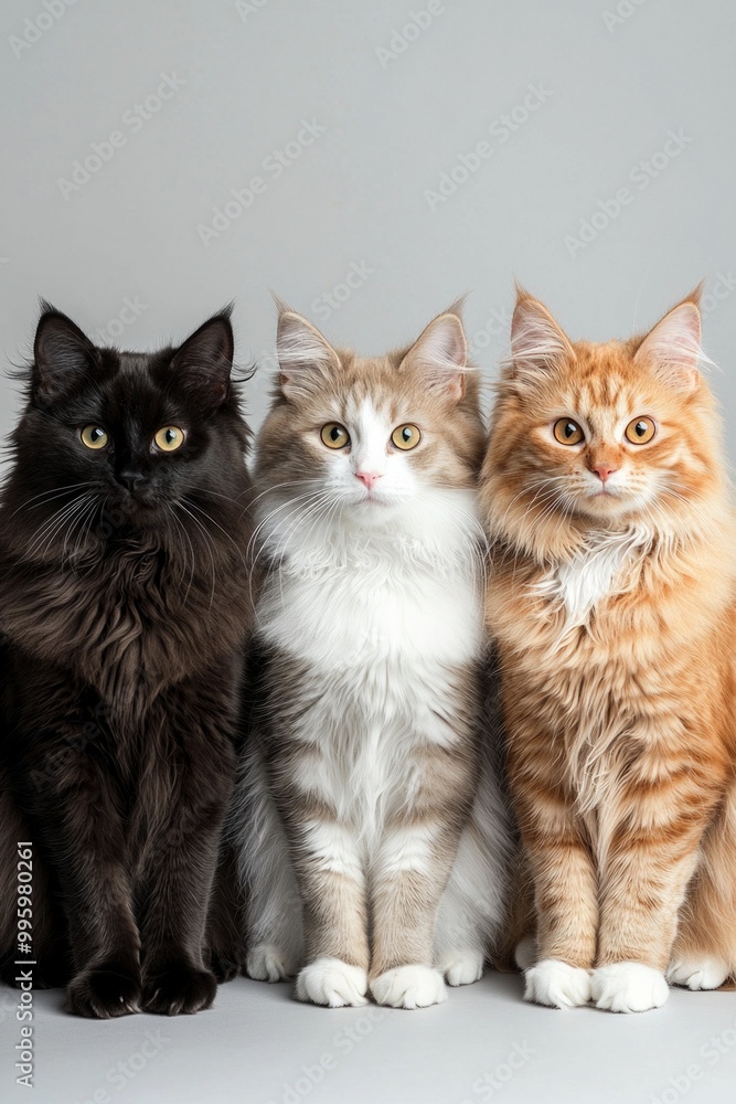 A few cats in different fur colors in one row on a clean background A few cats in different fur colors in one row on a clean background