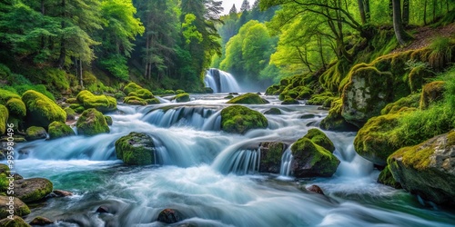 Gushing waters descend moss-covered rocks, surrounded by emerald greenery and ancient trees, swirling in the turbulent current of a scenic river gorge.