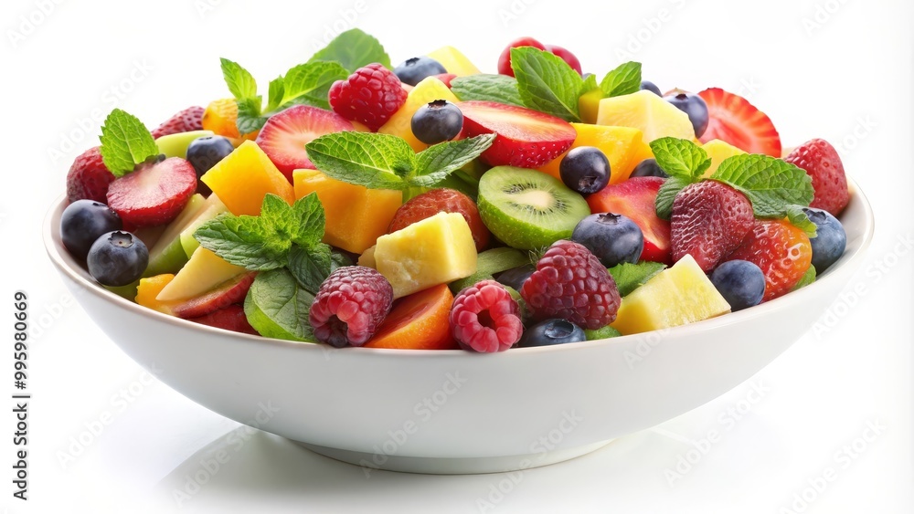 White bowl is overflowing with colorful, mouthwatering, freshly cut fruit and garnished with mint White bowl is overflowing with colorful, mouthwatering, freshly cut fruit and garnished with mint