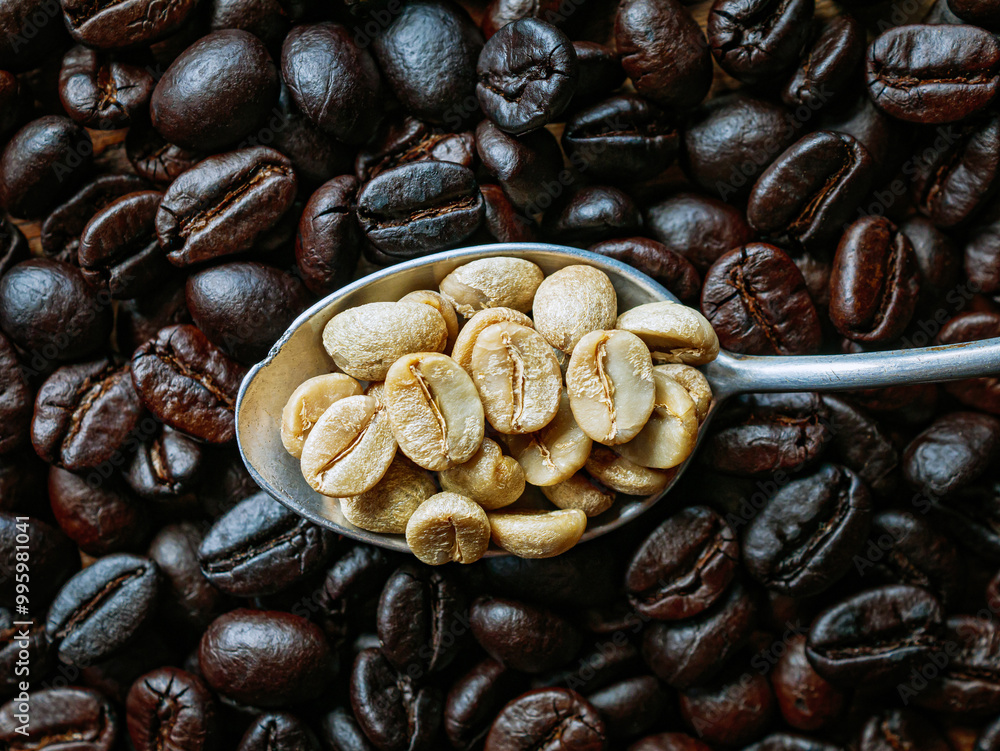 Obraz premium Top view green coffee bean on a stainless steel spoon on roasted coffee bean background, Close-up, Close-up of unroasted coffee bean