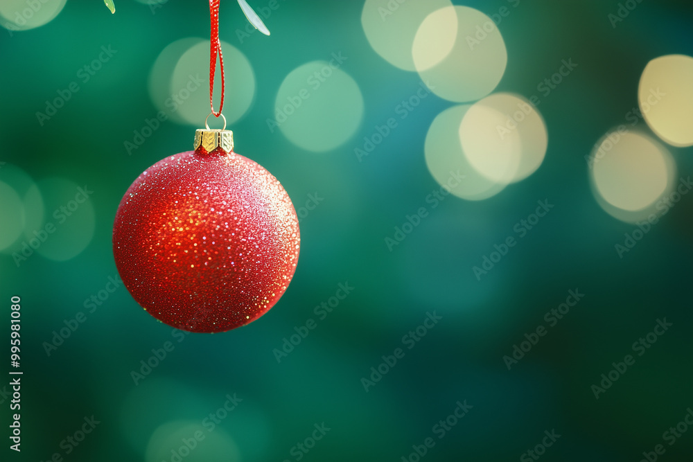 Christmas tree red shiny ball on a green background. Copyspace for your text, background for Christmas card, banner. New Year. Blurred background, bokeh. Christmas tree red shiny ball on a green background. Copyspace for your text, background for Christmas card, banner. New Year. Blurred background, bokeh.