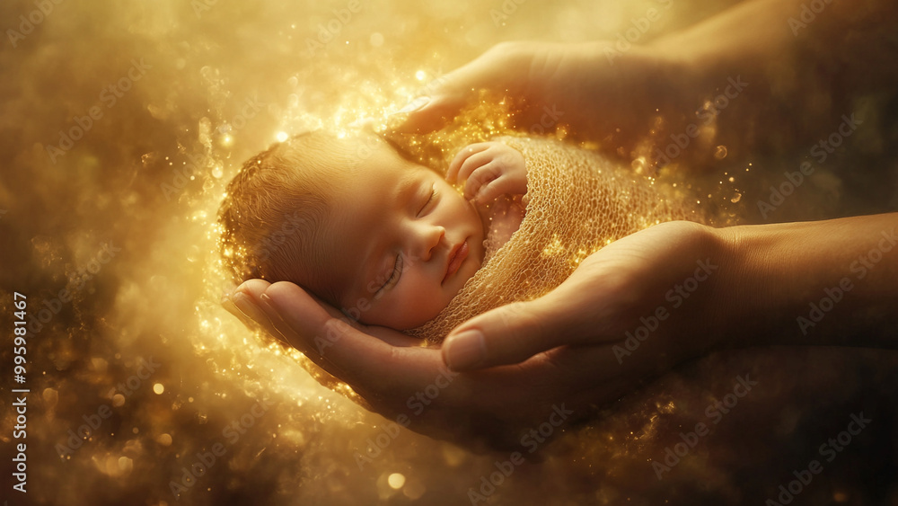 A newborn baby gently cradled in a parent’s arms, surrounded by soft, golden light that symbolizes warmth and love. 16:9 ratio A newborn baby gently cradled in a parent’s arms, surrounded by soft, golden light that symbolizes warmth and love. 16:9 ratio