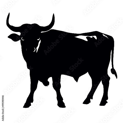 A cow   vector silhouette, a cow with horns ,silhouette isolated white background