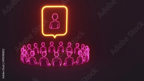 Abstract glowing human icons sitting in a ring around a central, glowing idea, representing a visionary group discussion.