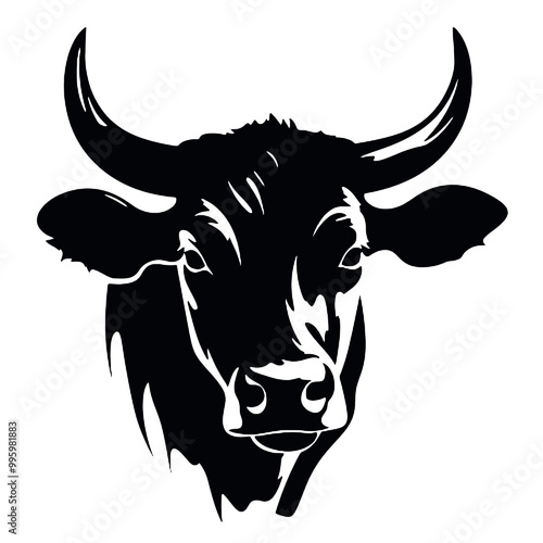 A cow   vector silhouette, a cow with horns ,silhouette isolated white background