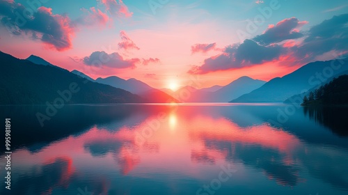 Mountain Range Reflected in Still Lake at Sunset