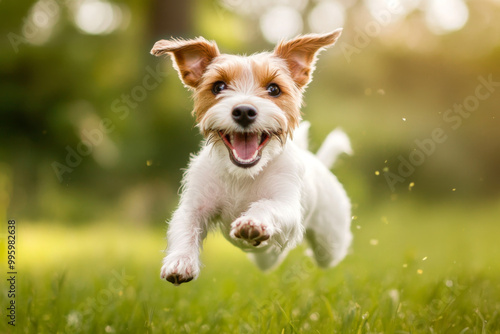 Playful Jack Russell terrier puppy jumping in a field.