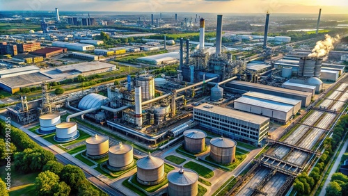 Industrial behemoth sprawled across the landscape, steel structures and storage tanks punctuating the vast terrain, machinery humming in unison.