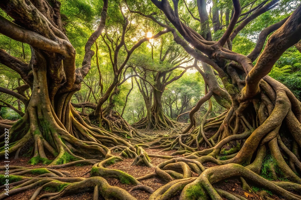 Intricate networks of gnarled tree trunks and tangled underbrush reveal a dense forest landscape of twisted growth, where complex relationships unfold. Intricate networks of gnarled tree trunks and tangled underbrush reveal a dense forest landscape of twisted growth, where complex relationships unfold.