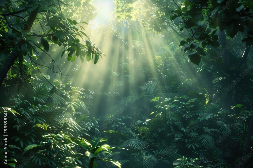 A lush jungle with sunlight shining through the trees, generative ai image A lush jungle with sunlight shining through the trees, generative ai image