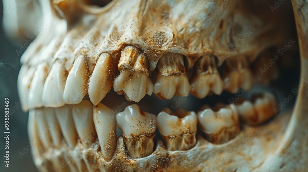 The intricate details of a weathered skull highlight the contrast between pristine teeth and aged bone in a softly lit natural environment The intricate details of a weathered skull highlight the contrast between pristine teeth and aged bone in a softly lit natural environment