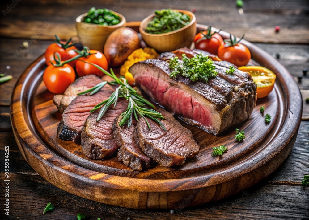 Juicy grilled wagyu cote de boeuf steak sliced into tender medallions, garnished with fresh thyme and served with roasted vegetables on a rustic wooden plate. Juicy grilled wagyu cote de boeuf steak sliced into tender medallions, garnished with fresh thyme and served with roasted vegetables on a rustic wooden plate.