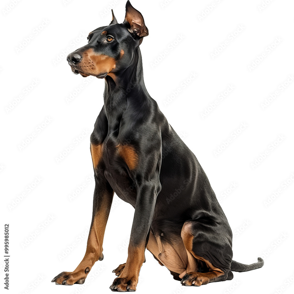 Doberman pinscher sitting and looking up with interest, isolated on white Doberman pinscher sitting and looking up with interest, isolated on white