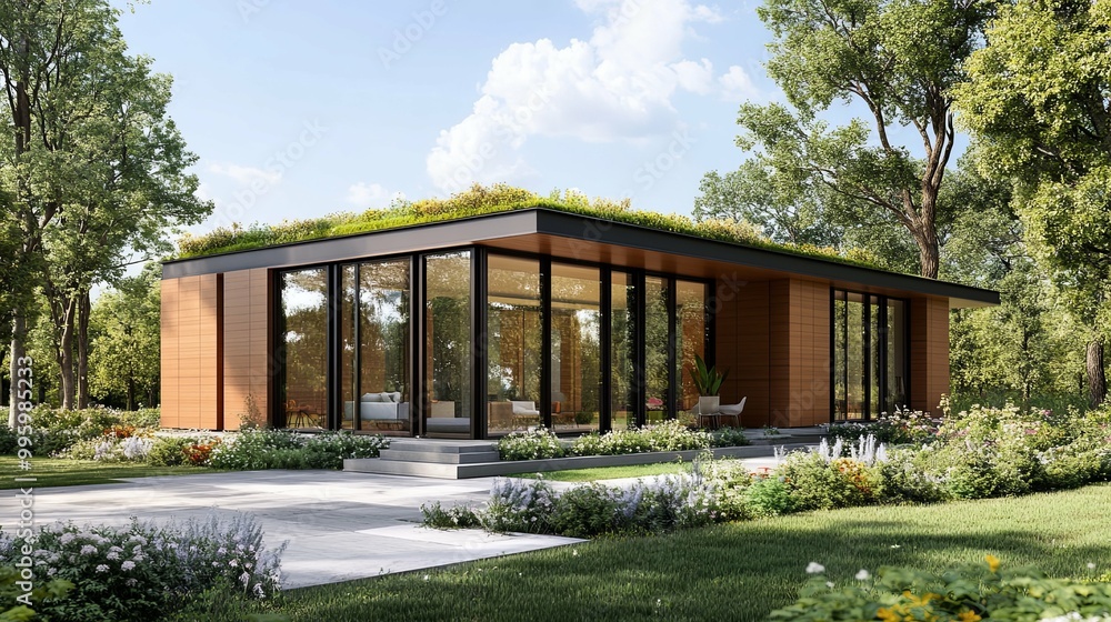 Modern Wooden House with Green Roof and Large Windows Modern Wooden House with Green Roof and Large Windows