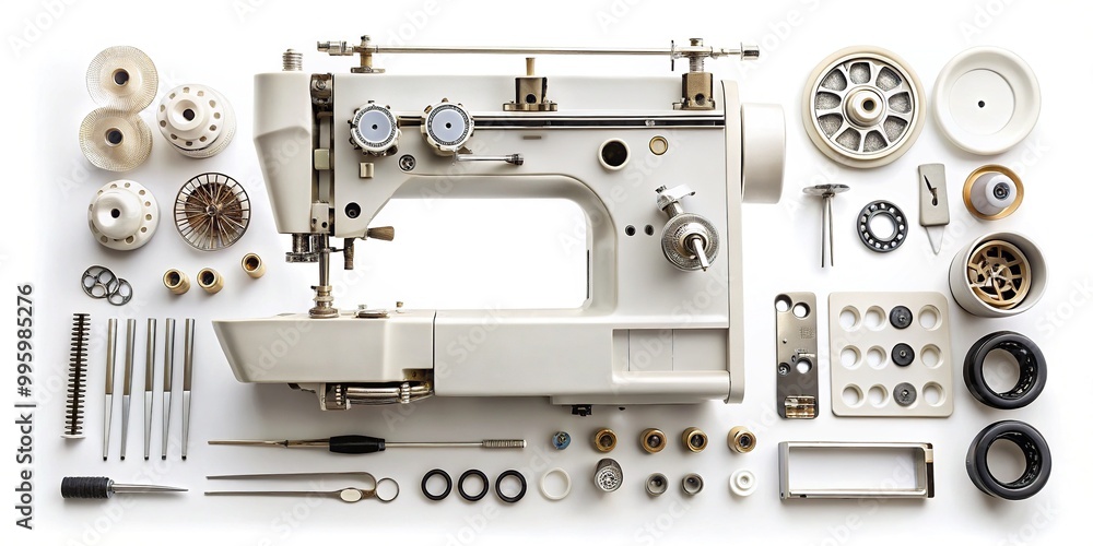 Fototapeta premium Macro shot of a disassembled sewing machine showcasing labeled components including gears, needles, bobbin cases, and tension discs on a clean white background.