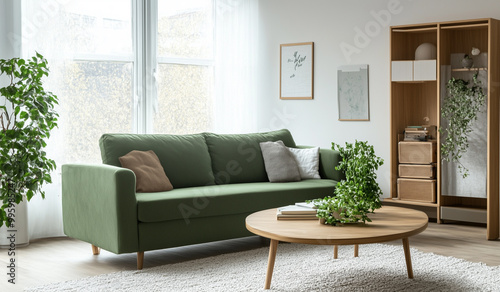 A green sofa in the living room, placed on an off-white carpet with wooden legs and metal shelves behind it. The walls have light-colored wood paneling, creating a bright atmosphere