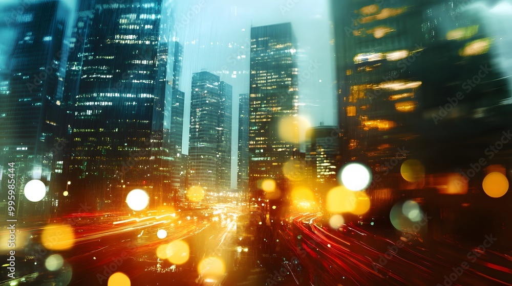 abstract background of blurred skyscrapers at night business and technology concept. abstract background of blurred skyscrapers at night business and technology concept.