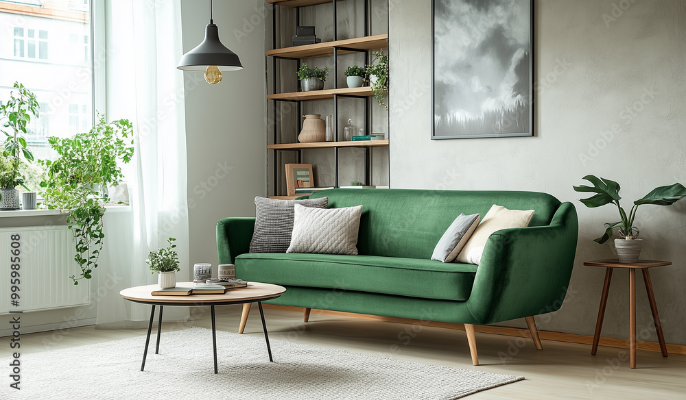 Fototapeta premium A green sofa in the living room, placed on an off-white carpet with wooden legs and metal shelves behind it. The walls have light-colored wood paneling, creating a bright atmosphere