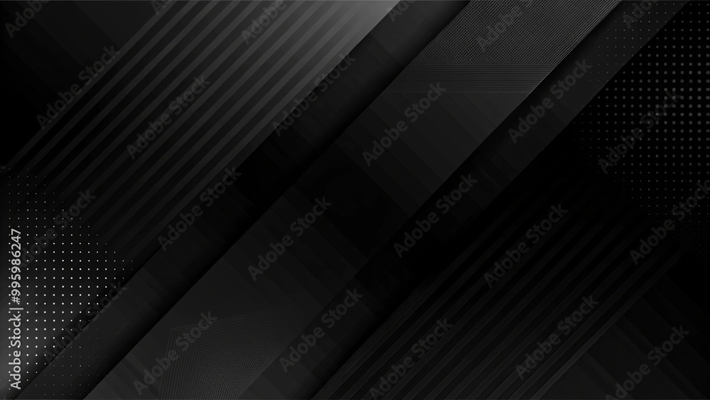 Dark deep black dynamic abstract background with diagonal lines. Modern creative halftone premium gradient. 3d cover of business presentation banner.