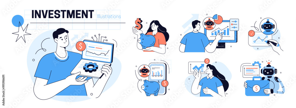 Fototapeta premium AI technology in finance and trading set. Characters use artificial intelligence, algorithms, machine learning tools to predict stock market price and make investments. Vector illustration.