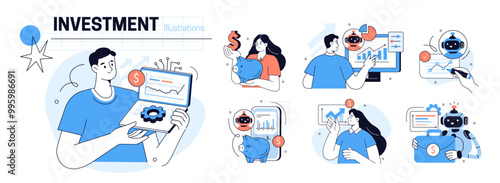 AI technology in finance and trading set. Characters use artificial intelligence, algorithms, machine learning tools to predict stock market price and make investments. Vector illustration.